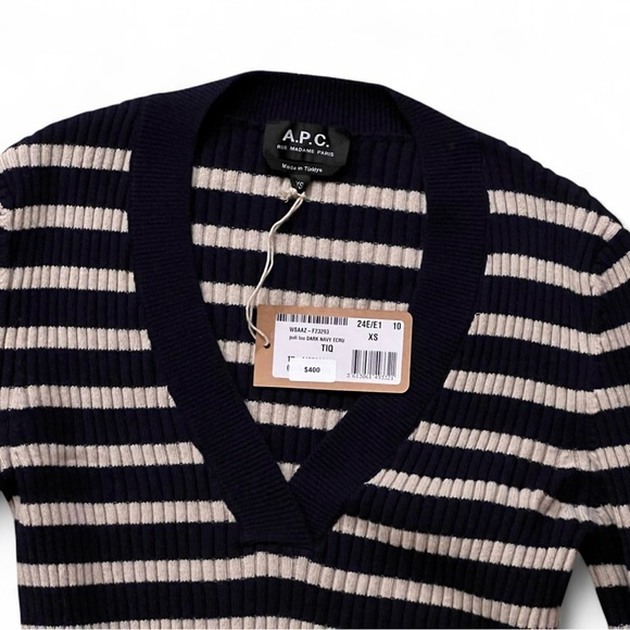 A.P.C. Women's V-Neck Sweater in Dark Navy and Ecru Stripes - Picture 6 of 10